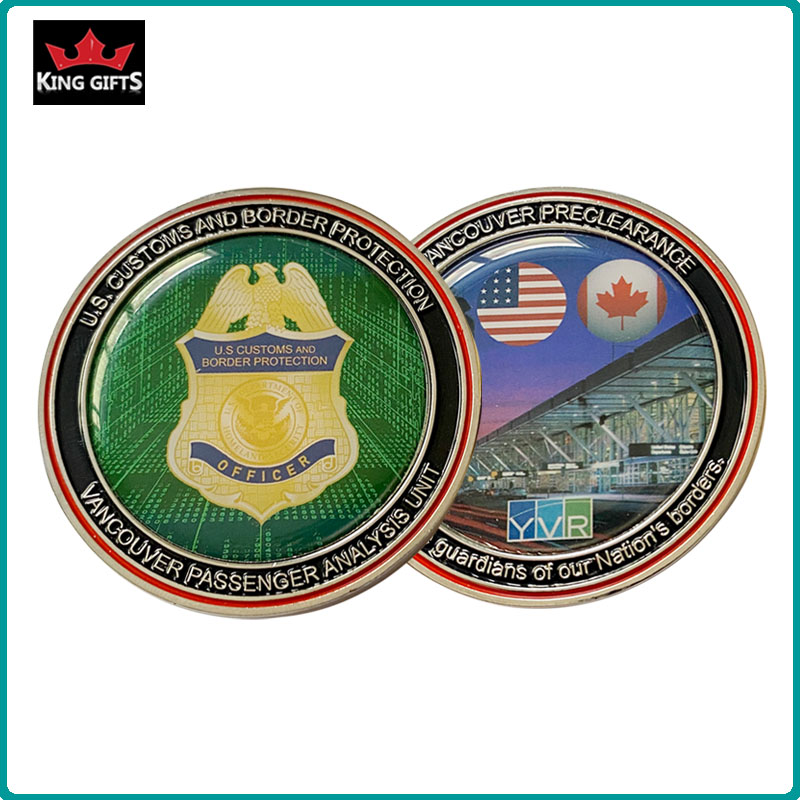 C018 -  2-sides 2D officer challenge coins,soft enamel with printed paper sticker ,silver plated