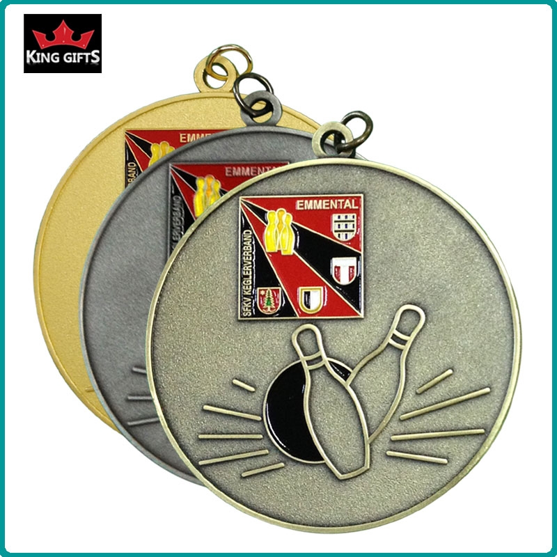 B018 - Custom bowling soft enamel medal with Matt gold, antique silver and antique bronze plated.